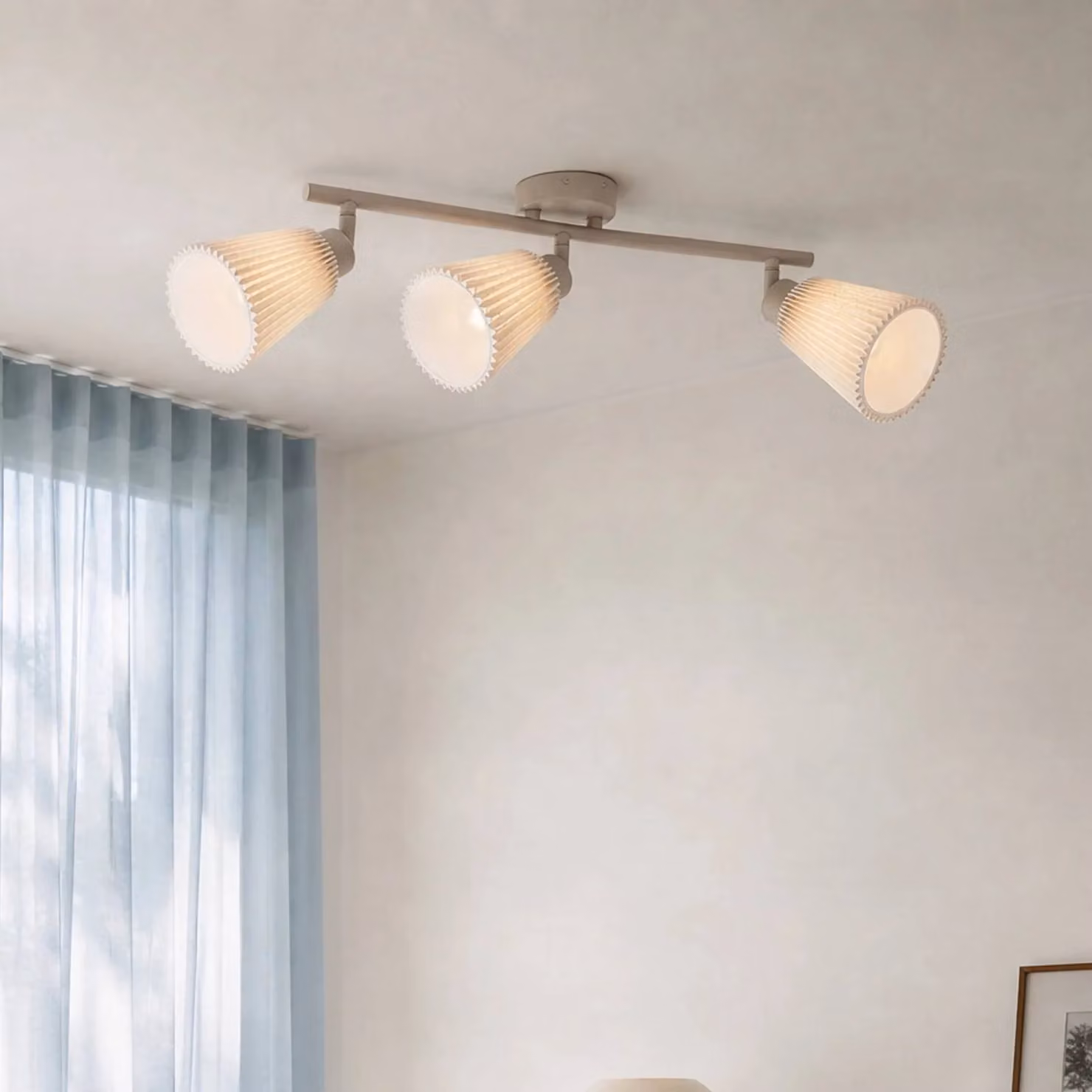 Nola Faretto da soffitto Percy, beige, a 3 luci, lunghezza 70 cm, lino Percy NOLA, dimmerabile, Crema / Ambra, Soggiorno / Sala da pranzo, Tessuto / Stoffa / Seta, Moderno, Faretto