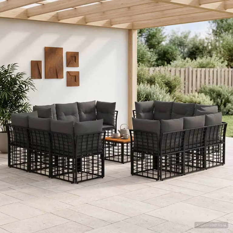 Set di divani da esterno vidaXL a forma di U con tavolino da caffè, 13 pezzi, Nero e Grigio