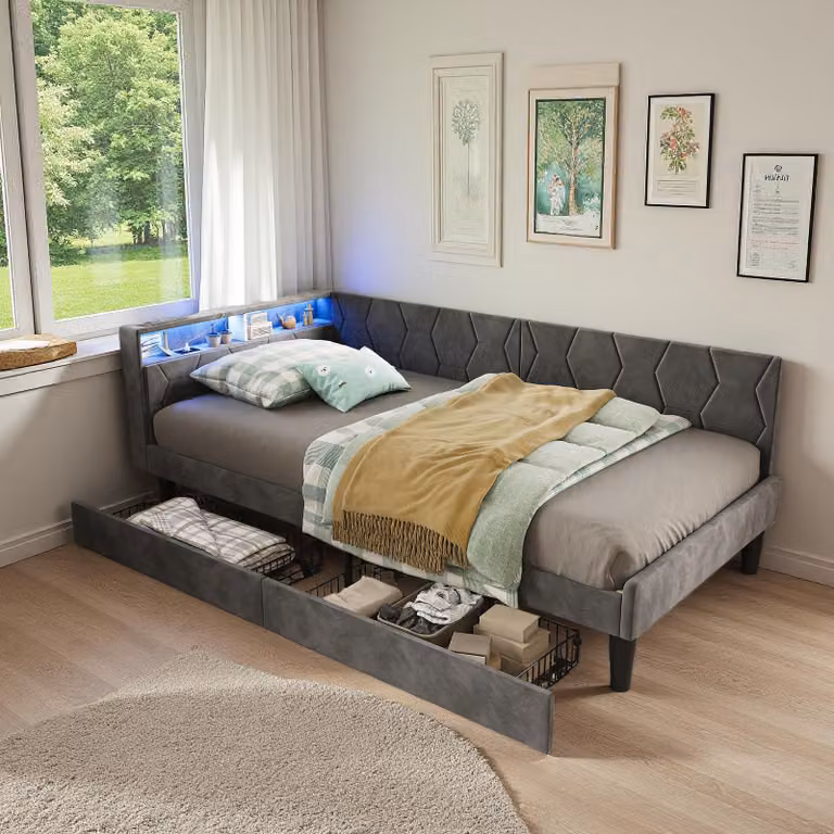 Letto imbottito ProximaX 90x200 cm grigio, letto con contenitore dotato di 2 cassetti e illuminazione a LED, porte di ricarica USB/Type-C, rivestimento in velluto, divano letto 2 in 1