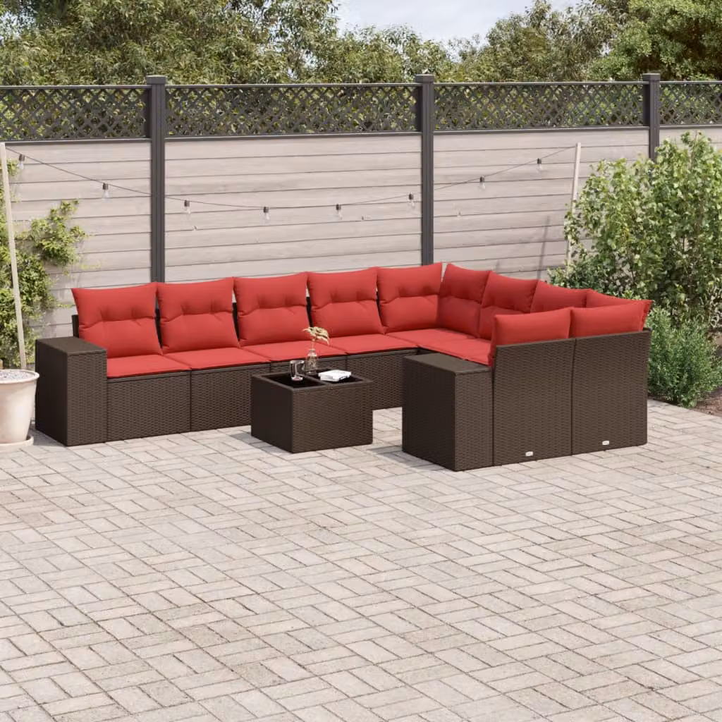Set di divani da giardino vidaXL in polyrattan marrone con cuscini e tavolino da esterno a forma di L per 10 persone