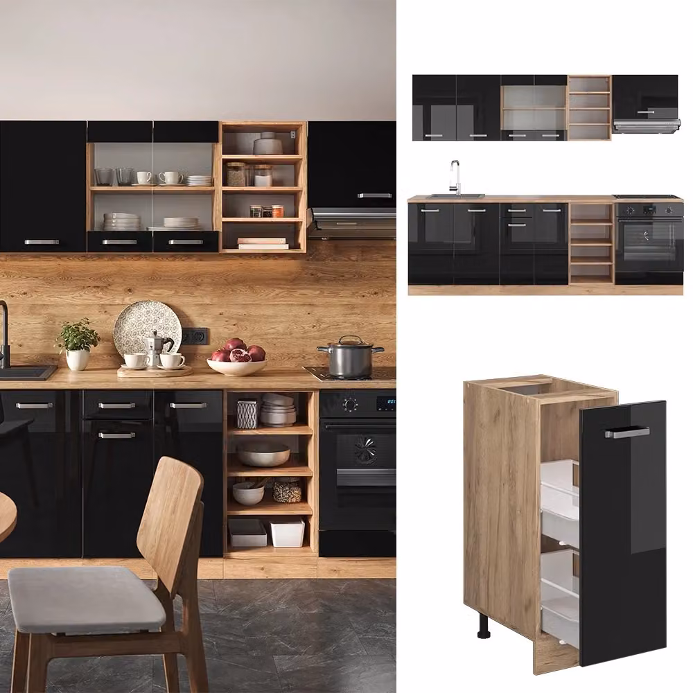 Cucina componibile moderna Vicco R-Line in legno e metallo, Nero lucido e Rovere, L: 240 cm – 2