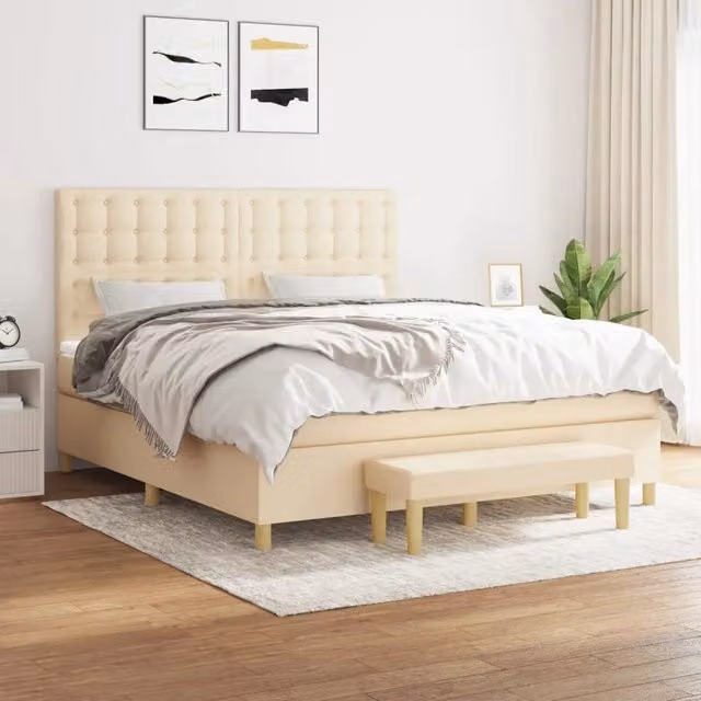Letto Ibrido con Giroletto a Molle e Materasso vidaXL in Tessuto Beige e Bianco L/P/H: 160 x 200 x 128 cm