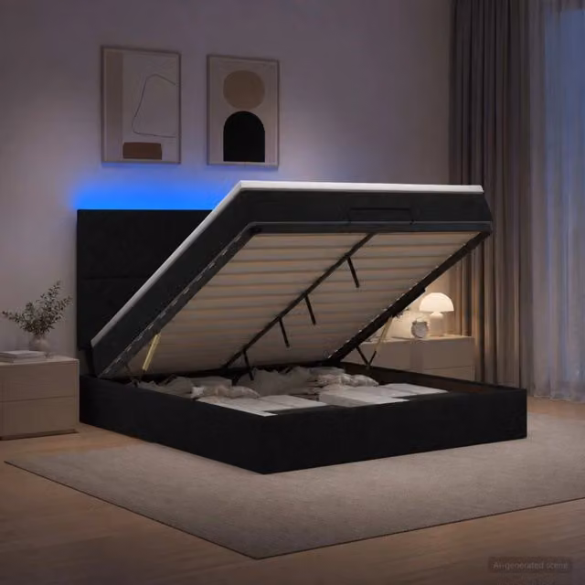 Letto Ottomano con Materasso Ibrido e Illuminazione LED vidaXL, Colore Nero e Bianco, L/P/H: 180 x 200 x 88 cm