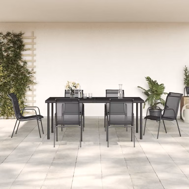 Set da pranzo da giardino vidaXL in 7 pezzi con tavolo rettangolare in vetro e sedie in acciaio nero e antracite