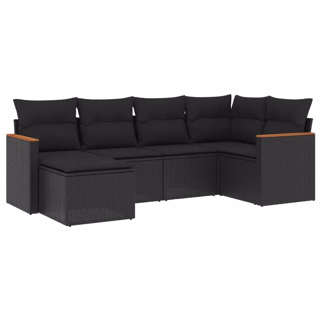 vidaXL Set Divano da Giardino Moderno a L con Ottoman 6 pz, Nero, in Polyrattan e Legno di Acacia – 2
