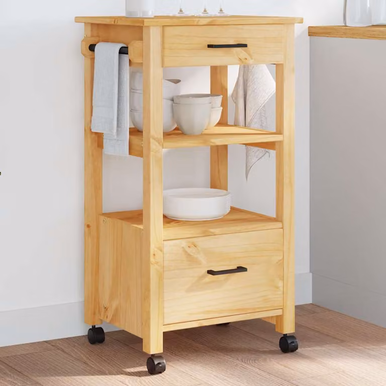vidaXL Carrello da Cucina MONZA in Legno di Pino Marrone con Ruote L/P/H: 48 x 40 x 88,5 cm