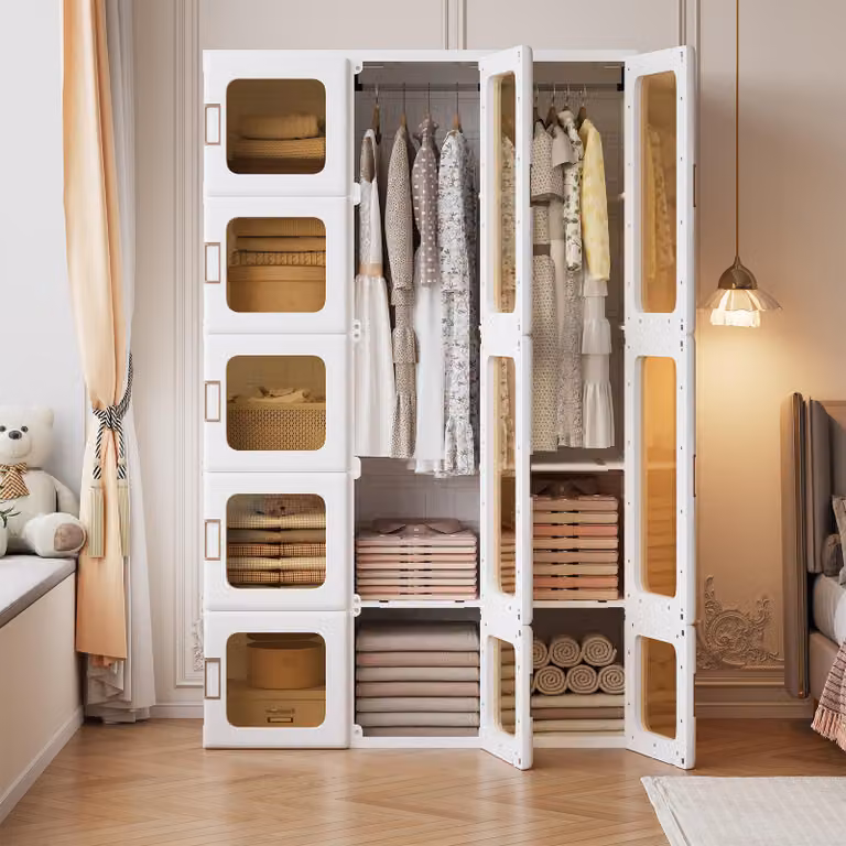 Armadio pieghevole in plastica UnboxG, dimensioni 104x50x170 cm, sistema di montaggio a incastro e pieghevole, ante magnetiche con finestre trasparenti in PET, dotato di barra appendiabiti
