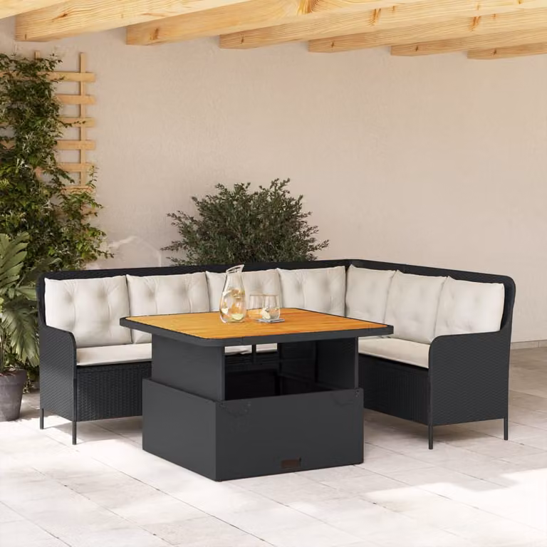 vidaXL Set Divani da Giardino a L con Tavolino in Polyrattan e Legno di Acacia, Colore Nero e Marrone