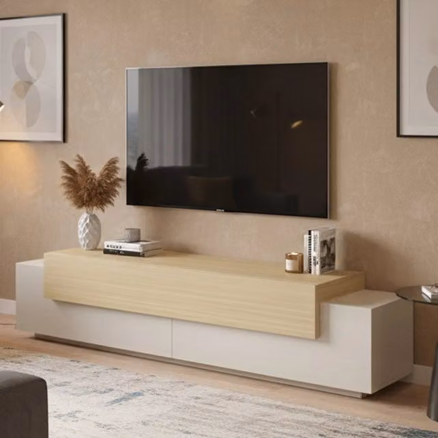 Mobile porta TV Cassino DMORA con 3 ripiani, design moderno in legno e metallo, colore beige, L: 200 cm, P: 45 cm, H: 51,5 cm