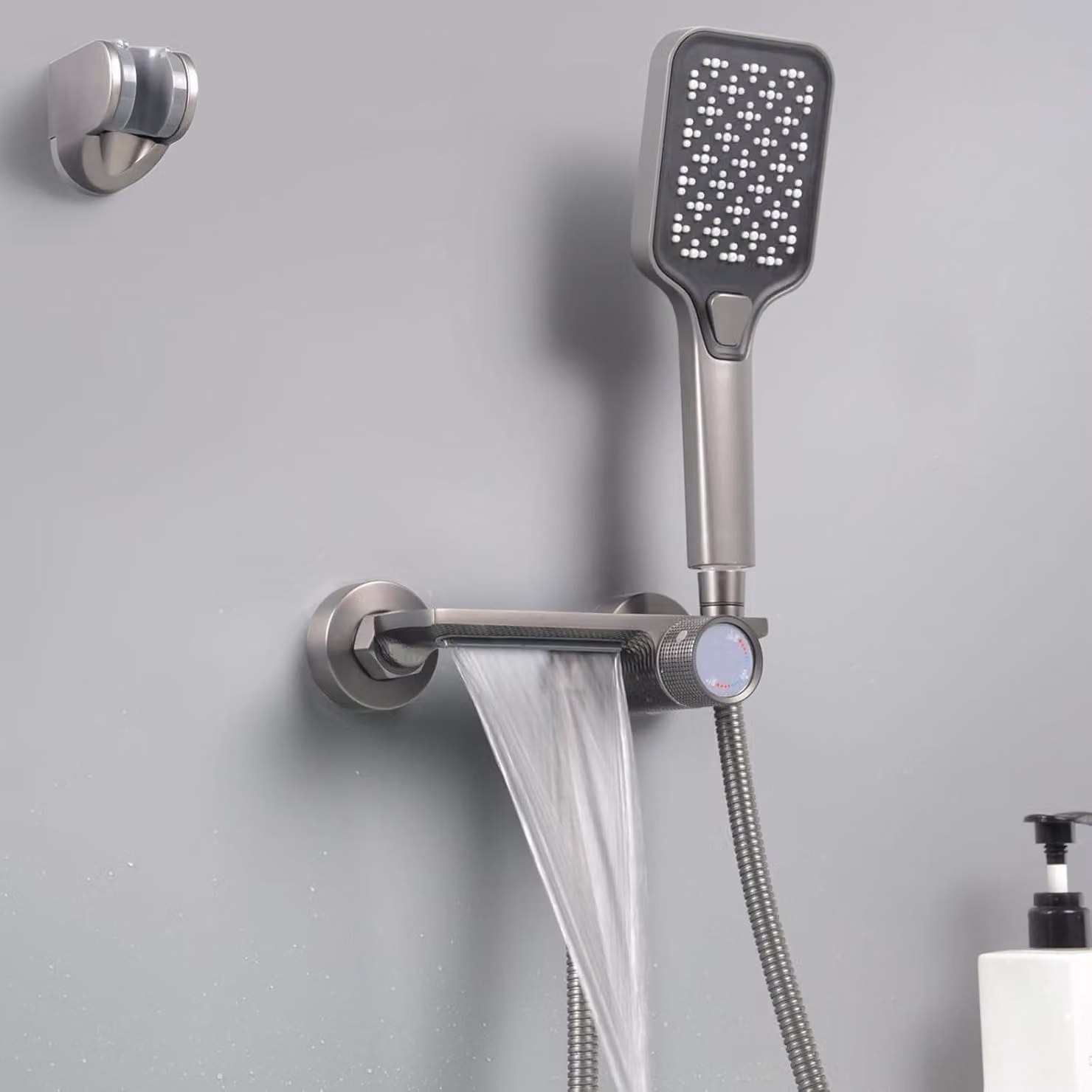 Miscelatore per vasca con doccetta, miscelatore per vasca a cascata, rubinetto, set da bagno, ottone, grigio