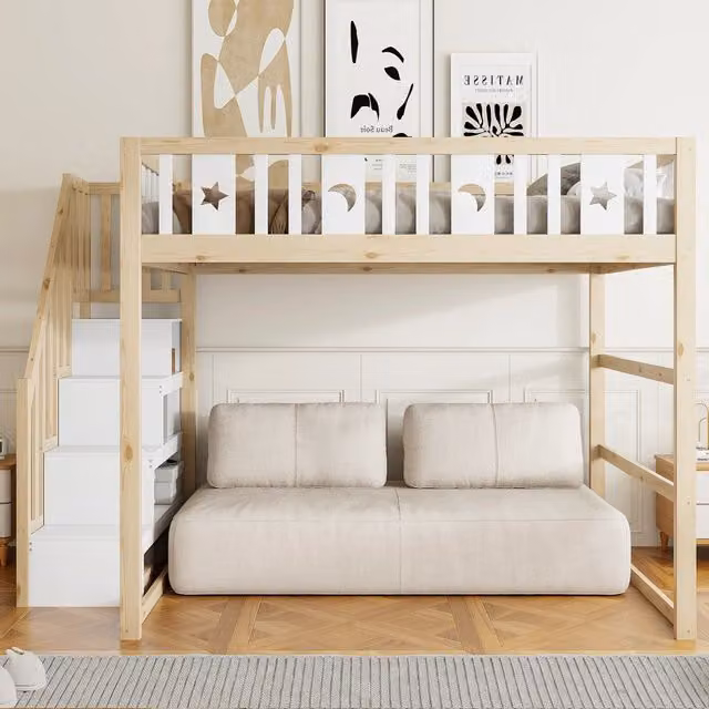 Letto a Castello 140x200 cm a Soppalco in Legno Massello con Scale e Area Gioco; Bianco/Naturale