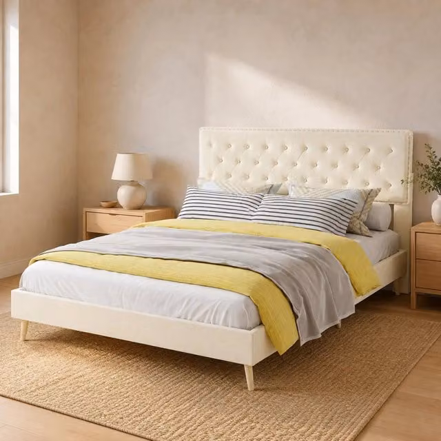 Letto matrimoniale 140x200 cm con testiera alta in tessuto beige e struttura in metallo