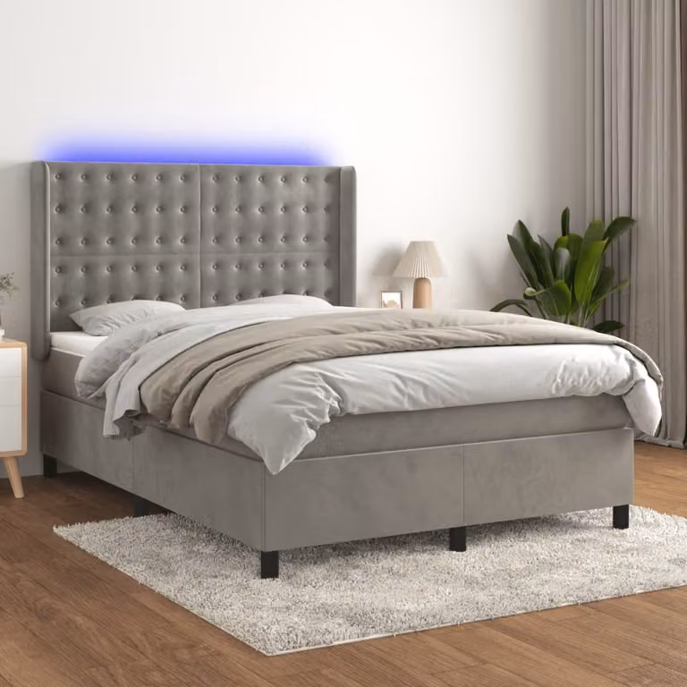 Letto Ibrido con Materasso e LED vidaXL in Velluto Grigio Chiaro L/P/H: 140 x 200 x 147 cm