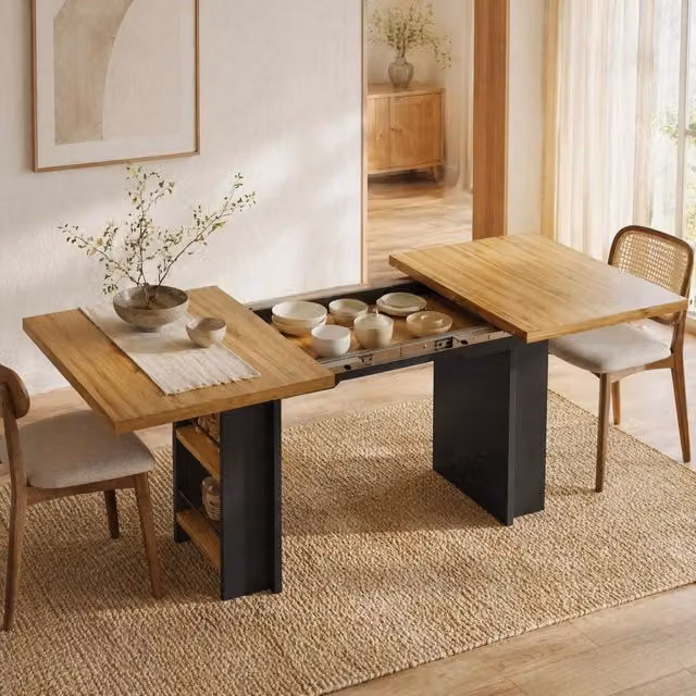 Tavolo da pranzo allungabile ULEVR 120-160x80 cm con ripiani laterali e vano contenitore, MDF effetto legno naturale