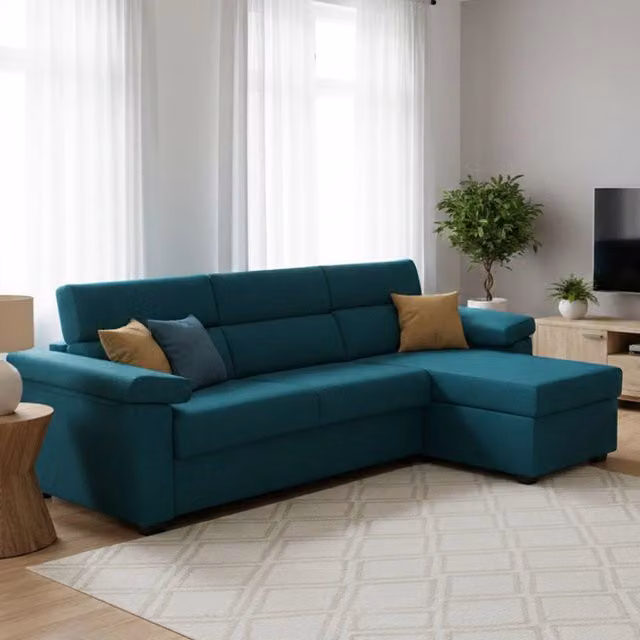 Divano Letto Tolle DMORA con Penisola Sfoderabile Made in Italy, L/P/H: 285 x 160 cm, Colore Azzurro – 1