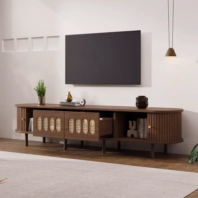 Mobile TV con 2 cassetti e 2 ante avvolgibili in MDF color noce con design rattan 180 × 40 × 40 cm