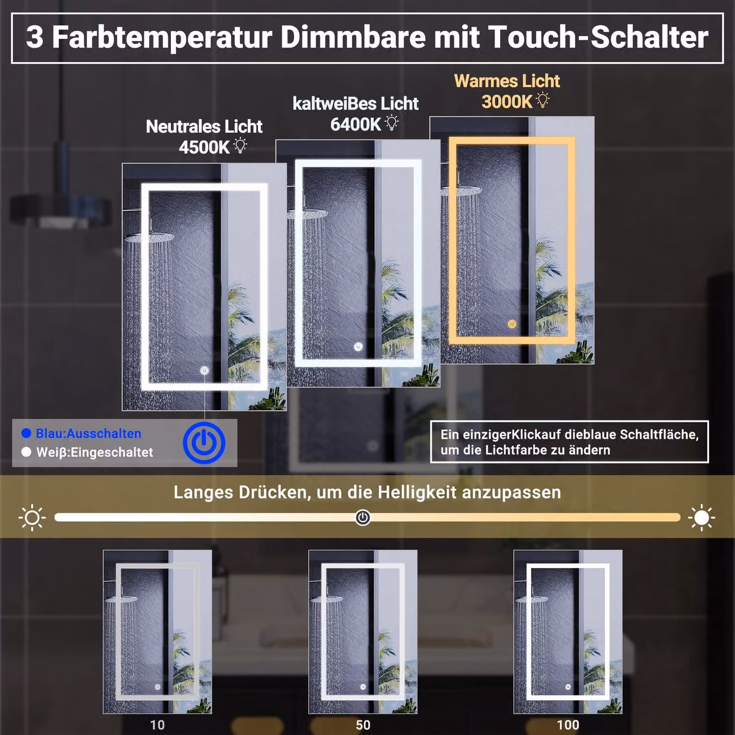 Specchio da bagno con illuminazione LED a 3 colori, dimensioni 50x70 cm, con 1 anta, ripiano in vetro e interruttore touch. Interruttore touch con funzione di memoria, colore bianco