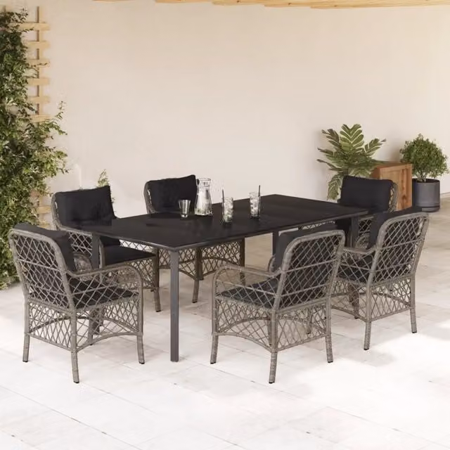 Set da pranzo da giardino vidaXL in polyrattan e vetro con 7 pezzi, colore grigio e nero – 1