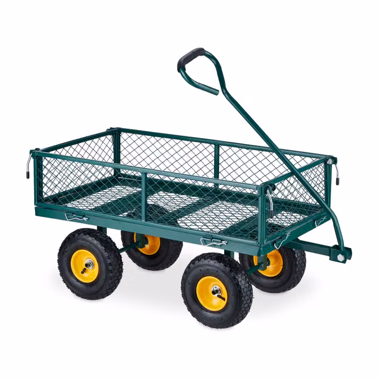 Carrello a mano Relaxdays, pratico carrello da giardino, ruote pneumatiche, sponde laterali ribaltabili, portata fino a 200 kg, verde-giallo