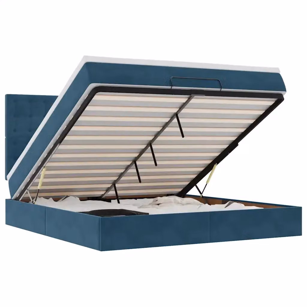 Letto con contenitore a sollevamento vidaXL in velluto blu e bianco con porta USB e illuminazione sottostante L: 180 cm, P: 200 cm, H: 128 cm, 203 cm, 280 cm – 2
