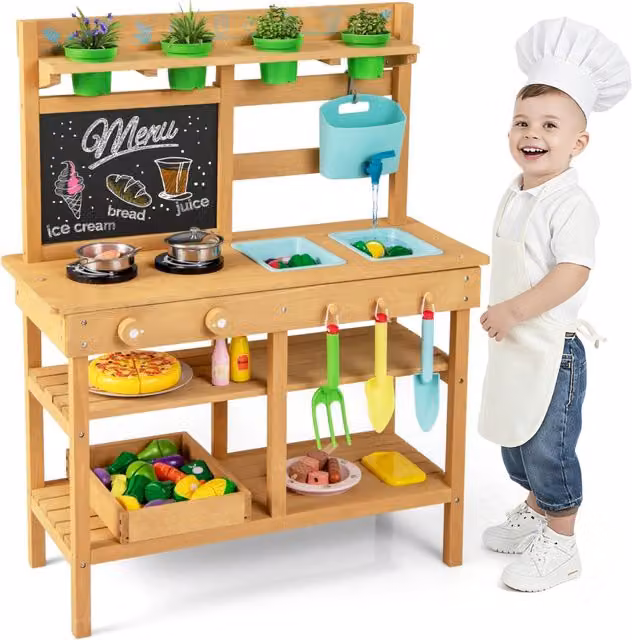 Cucina da gioco in legno multicolore per bambini con rubinetto, lavandini rimovibili, lavagna, fornelli e accessori per l'uso all'aperto – 1