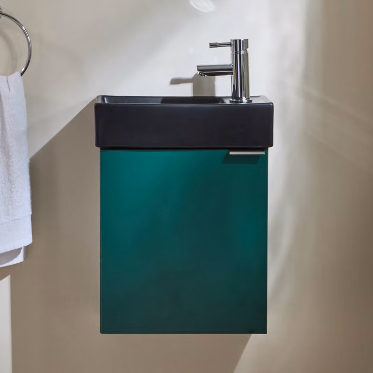 Mobile Bagno Verde Scuro Sospeso da 400mm con Lavabo Nero e Maniglia con Impugnatura a Dito Cromata - Cluo