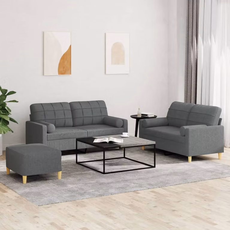 Set di divani 3 pezzi vidaXL in tessuto grigio con cuscini per soggiorno in stile moderno