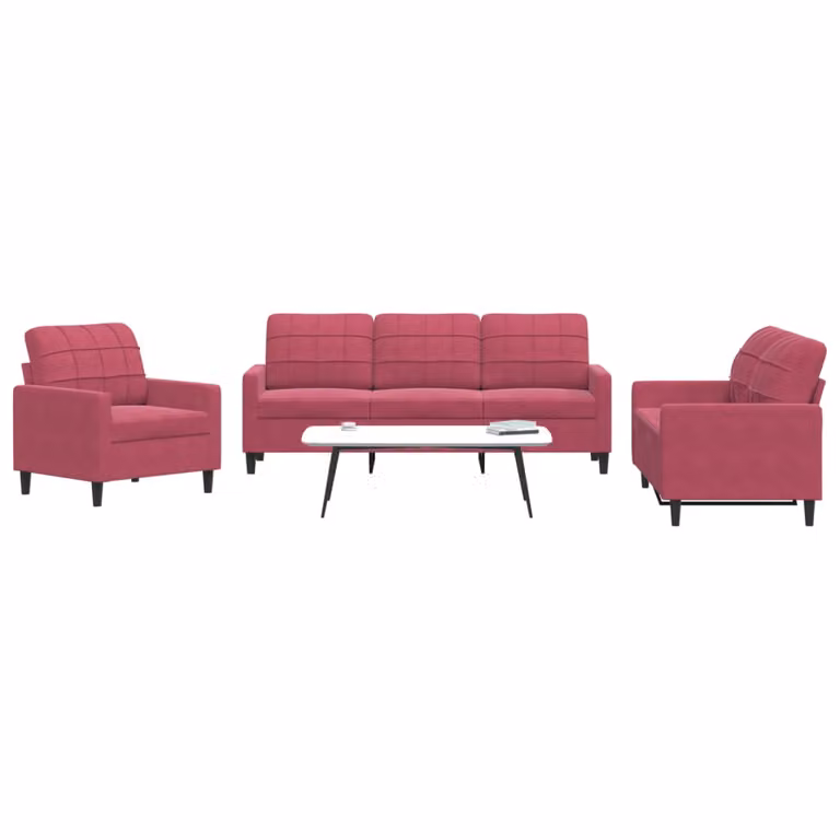 Set di divani vidaXL da 3 pezzi in velluto rosso con cuscini e struttura in metallo per soggiorno