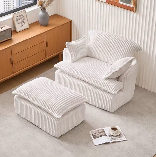 Poltrona convertibile 115 x 89 x 77 cm beige con poggiapiedi, tessuto a coste