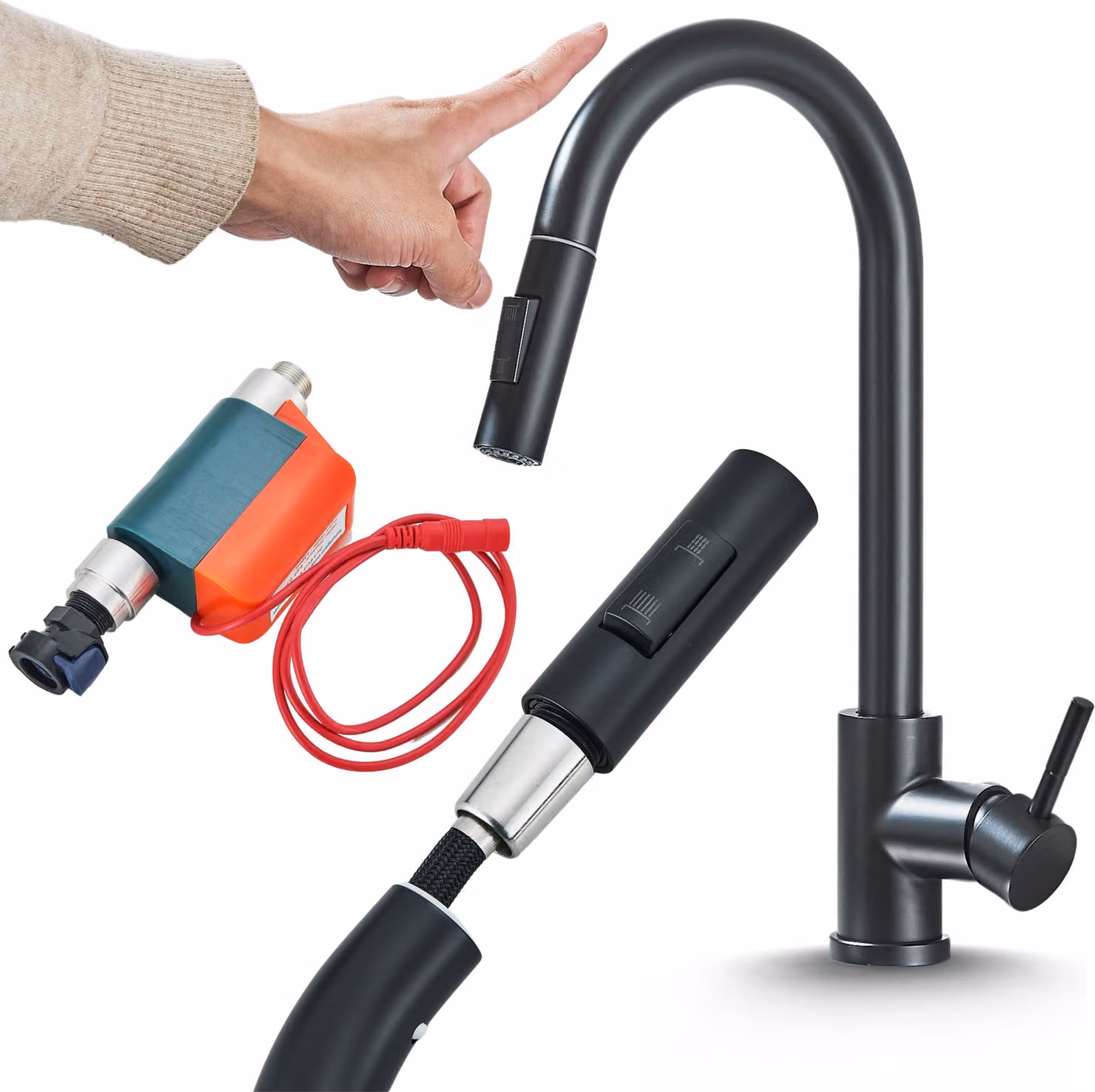Rubinetto da cucina Ari TOTTO con doccetta estraibile, sensore touch, beccuccio girevole a 360 gradi, nero, cartuccia Vetroceramica