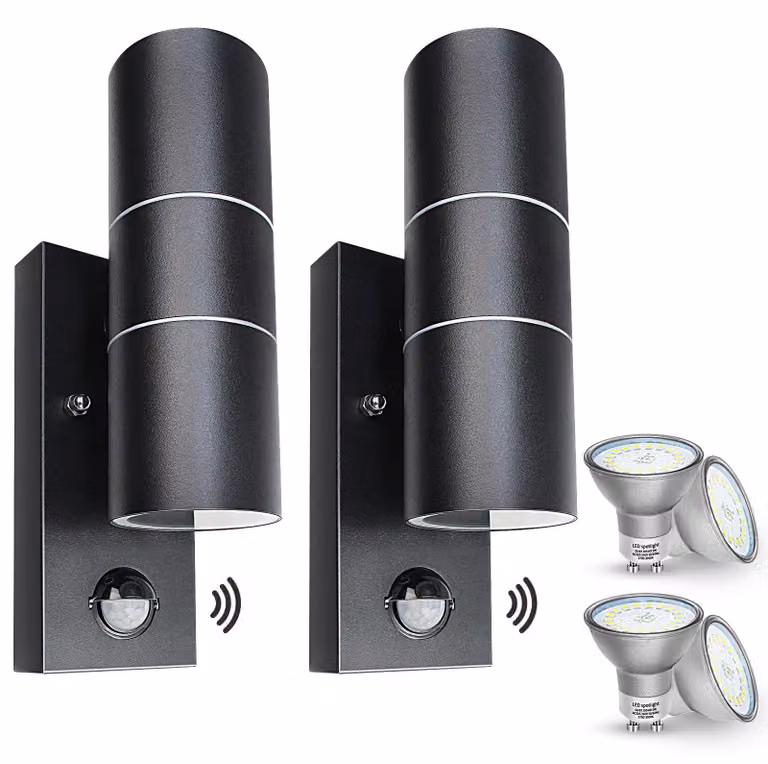 Lampada da esterno a LED, confezione da 2, con sensore di movimento, grado di protezione IP44, con illuminazione direzionale verso l'alto e verso il basso