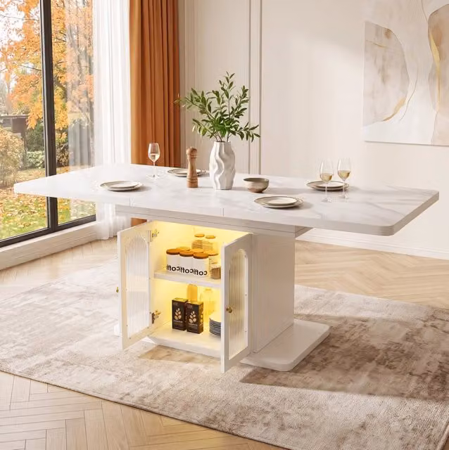 Tavolo da pranzo allungabile 150/200x80 cm in MDF bianco con LED e contenitore