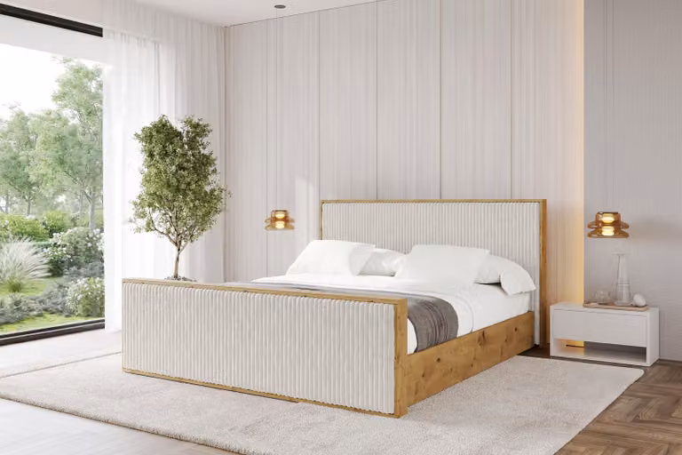 Letto imbottito ALTDECOR con contenitore -ENZO10-Z 200x200 color crema, rete a doghe, letto contenitore con testiera e vano portaoggetti, letto matrimoniale senza materasso
