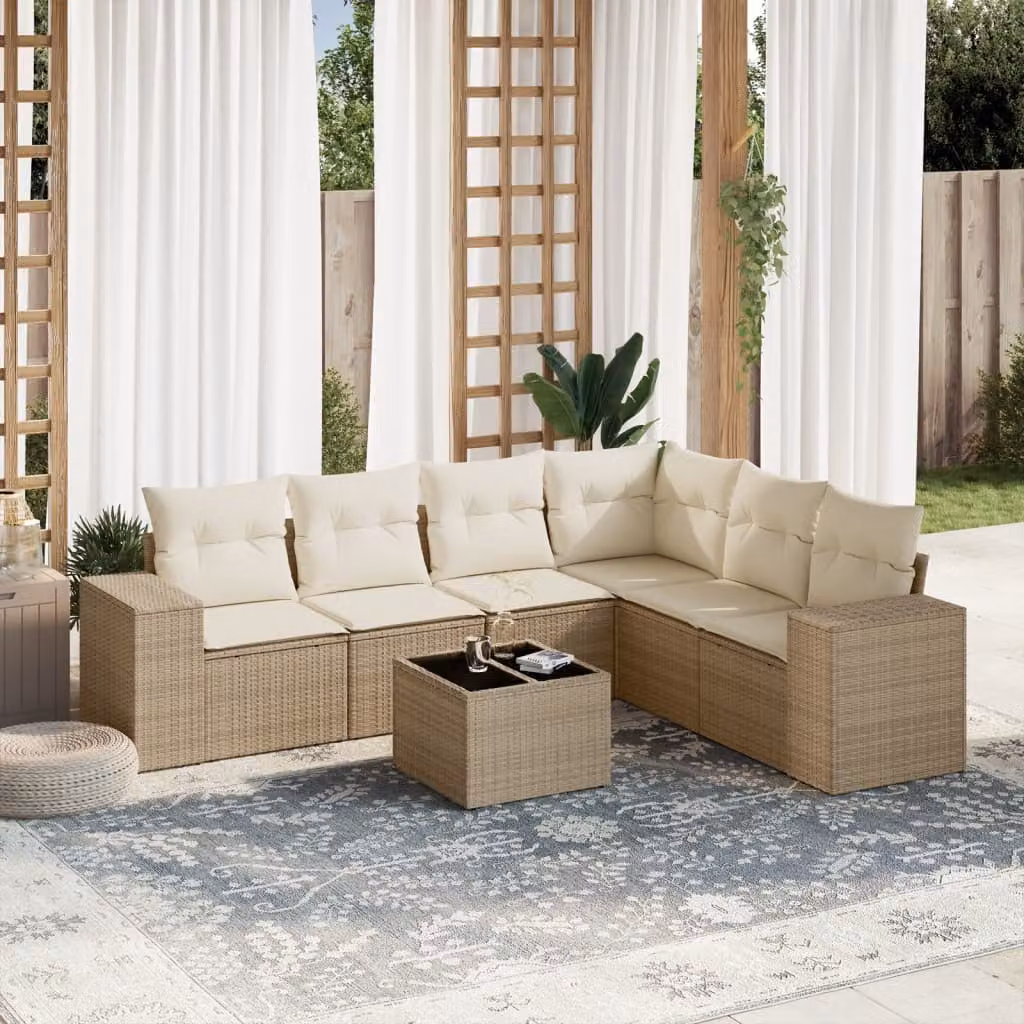Set Divani da Giardino vidaXL 7 pz a Forma a L con Cuscini Beige e Tavolino in Vetro – 1