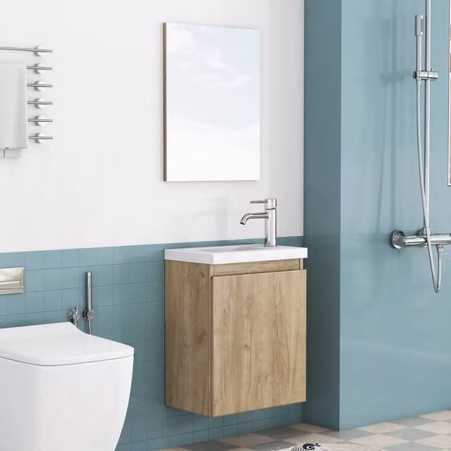 Mobile sottolavabo salvaspazio a parete Minimal con lavabo e specchio, bianco effetto legno rovere, design senza maniglie e ante soft-close
