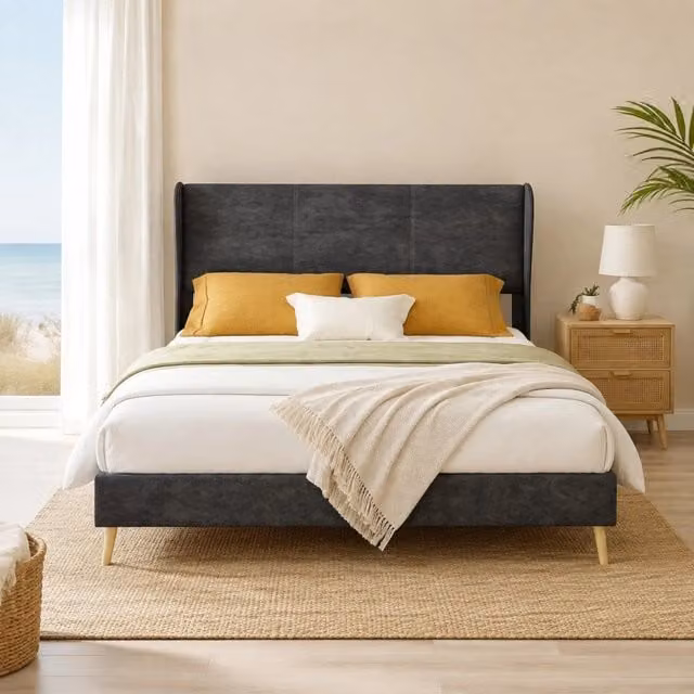 Letto matrimoniale 140x200 cm con testiera imbottita in tessuto; grigio