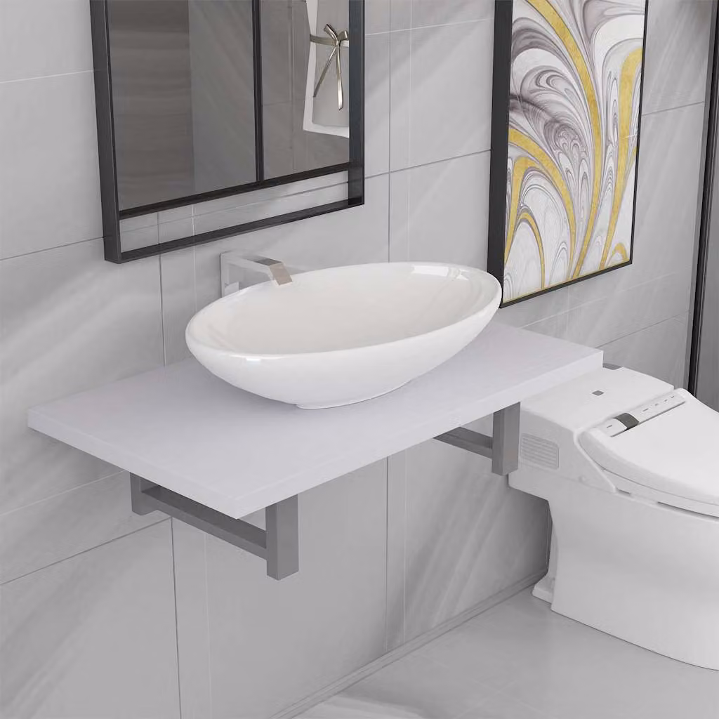 Set di mobili da bagno vidaXL in ceramica bianca lucida composto da mobile lavabo e pensile sospeso