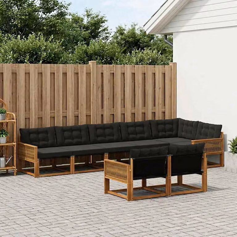 Set di divani da esterno vidaXL 8 pz in legno di acacia e textilene, colore marrone e nero, design moderno a L con cuscini inclusi