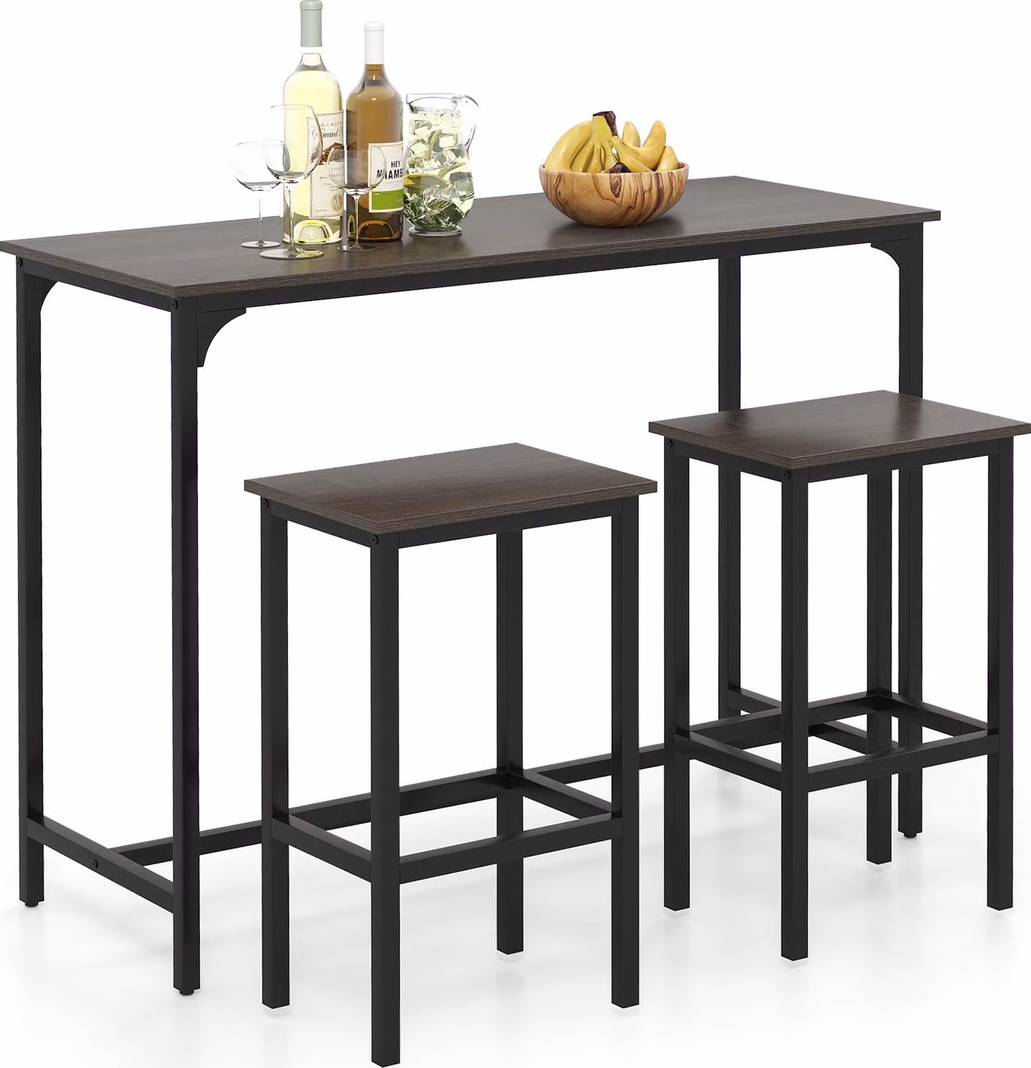 Set da cucina a 3 pezzi con tavolo da bar, tavolo da cucina in stile industriale e 2 sgabelli con poggiapiedi, tavolo da bistrot rettangolare e sedie, grigio + nero