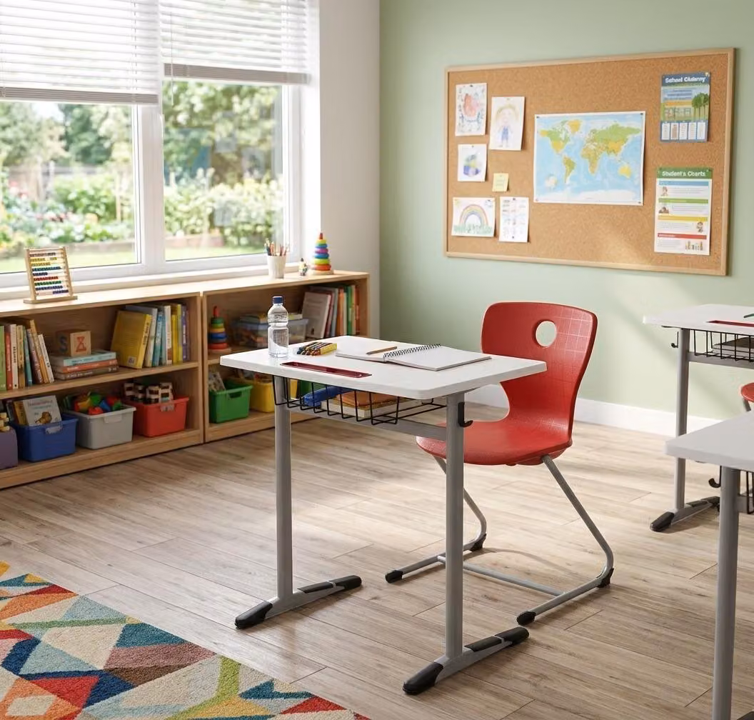 Set scolastico moderno ed ergonomico: scrivania da scuola marrone, sedia rossa, scrivania singola