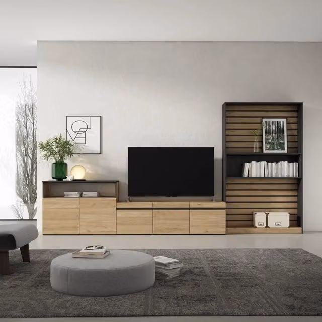 Mobile TV per soggiorno SKRAUT HOME, set di mobili moderno per TV fino a 65 pollici, colore Rovere e nero, L: 360 cm, P: 35 cm, H: 186 cm