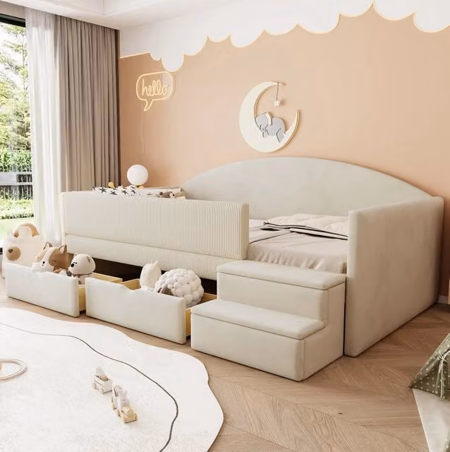 Letto imbottito 90 x 190 cm in velluto beige con 2 cassetti; sponde e gradini