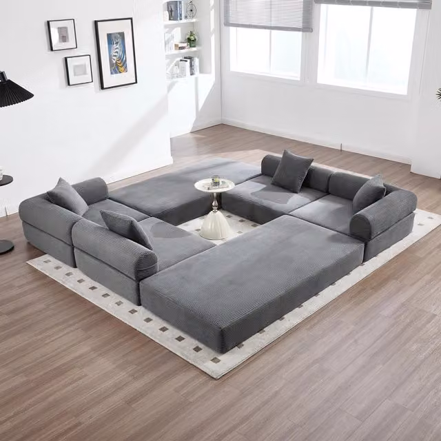 Divano letto modulare MIVRAY in velluto a coste grigio con imbottitura in schiuma