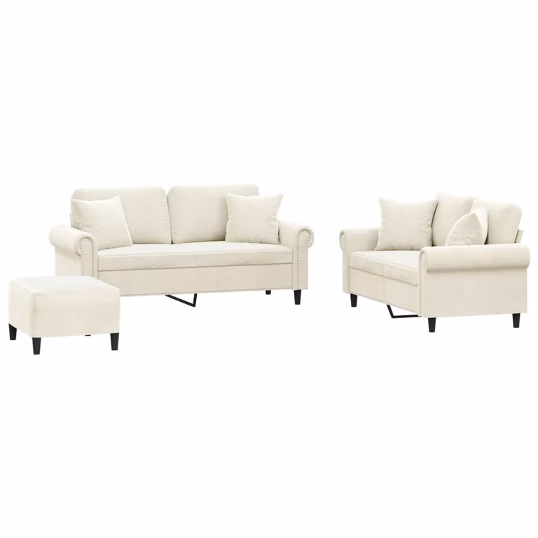 Set di Divani 3 pz con Cuscini Crema in Velluto