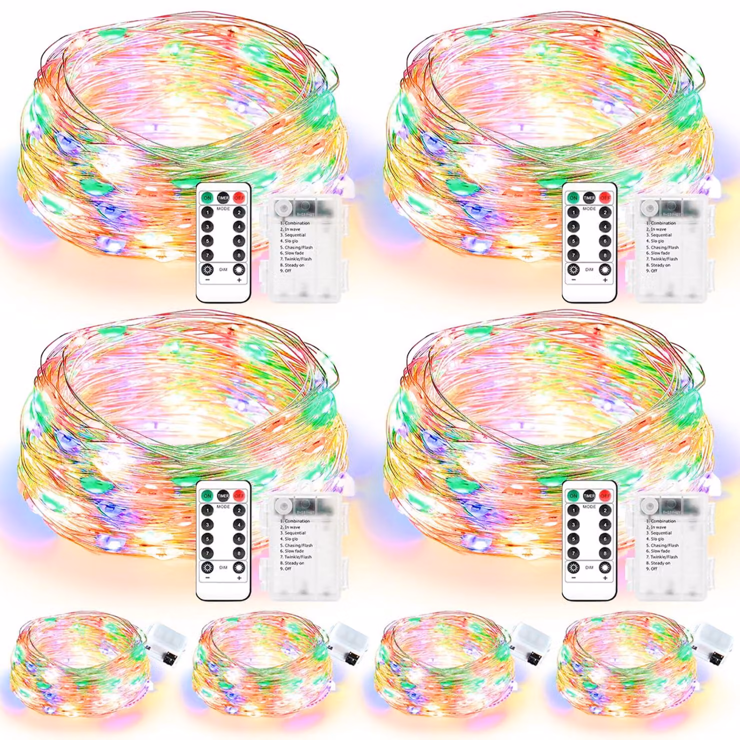 Catena luminosa a LED, 10 metri, 8 colori/modalità, timer, grado di protezione IP65, confezione da 4