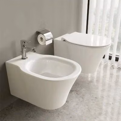 Sanitario sospeso Ideal Standard Connect in ceramica bianca con tecnologia Rimless AquaBlade e copriwater originale L/P/H: 54,5 x 36,5 x 34 cm – 1