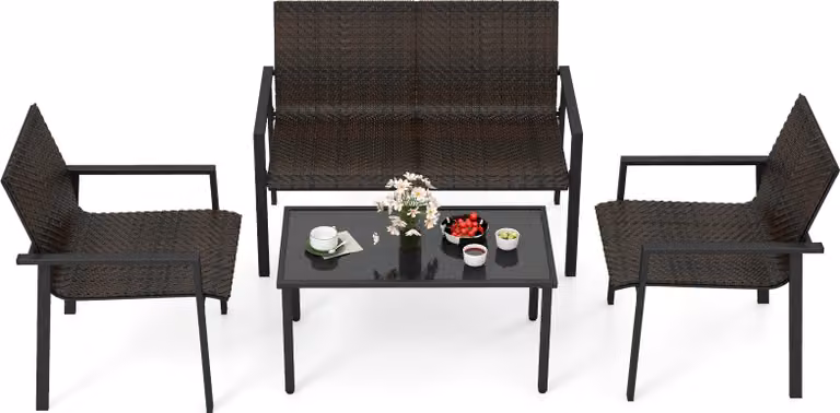 COSTWAY Set di mobili da giardino in polyrattan da 4 pezzi, set di sedute per 4 persone, set di sedute con 2 sedie, panca e tavolo, set da giardino nero
