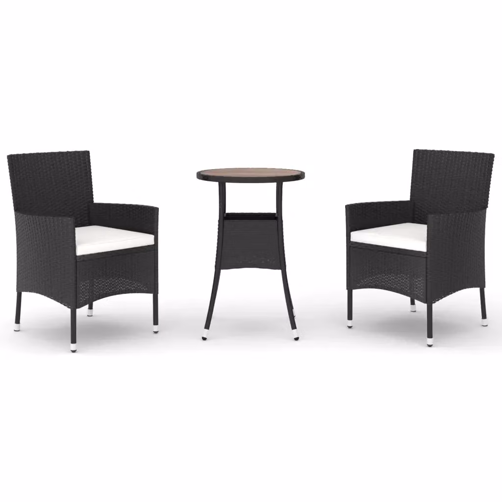Set Bistrò da Giardino vidaXL in Polyrattan e Legno di Acacia Nero e Bianco con 3 Sedute – 2