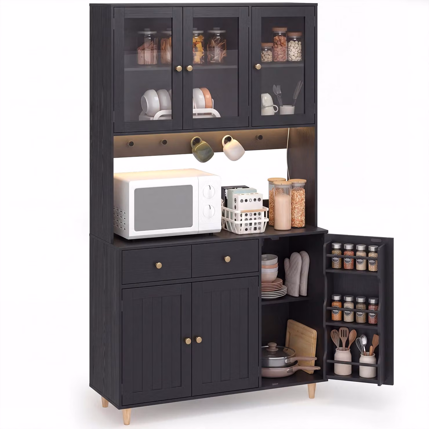 Armadio alto per cucina BEALIFE, 98x38x180 cm, con barra luminosa a LED, presa di corrente e vetrina in acrilico | Nero/Bianco AP136