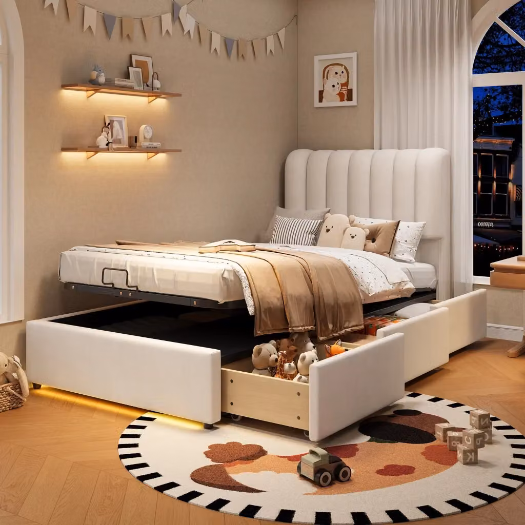Letto contenitore per bambini WISHDOR in velluto beige con rete idraulica e illuminazione LED L/P/H: 200 x 90 x 102 cm – 2